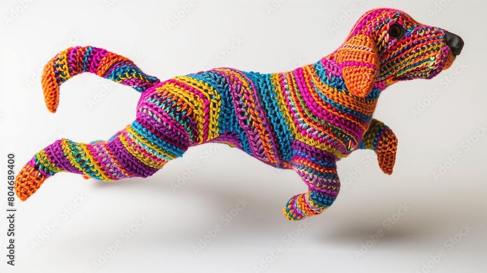 A dynamic knitted toy dog resembling a Spaniel in action pose on white, emphasizing movement. A dynamic knitted toy dog resembling a Spaniel in action pose on white, emphasizing movement.