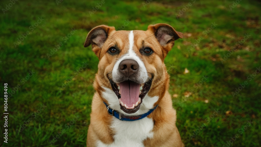 Happy dog on green grass, animal portrait in nature, expressive eyes and open mouth Happy dog on green grass, animal portrait in nature, expressive eyes and open mouth