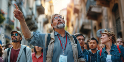 Tour guide leading a group of visitors to tourist attractions, giving them information and insights, pointing at local architecture.