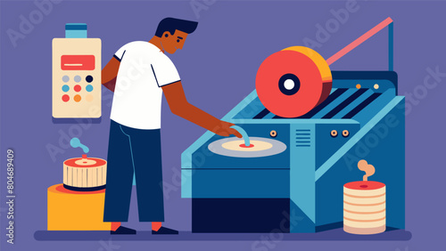 The press operator carefully feeds strips of vinyl into a machine watching as it melts and takes the shape of a record. Vector illustration