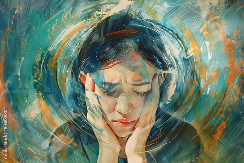 migraine misery dizzy asian woman suffering from vertigo pain digital illustration photo