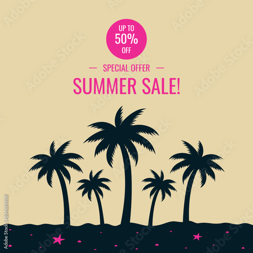 Wallpaper Mural Summer sale banner. Dark silhouette of palm trees. Five palm trees on a beige background. Design of advertising brochures, store banners. Vector illustration. Torontodigital.ca