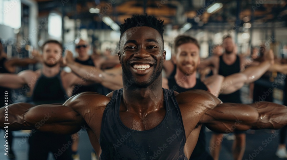 A group of men in fitness attire smiling and stretching their arms A group of men in fitness attire smiling and stretching their arms