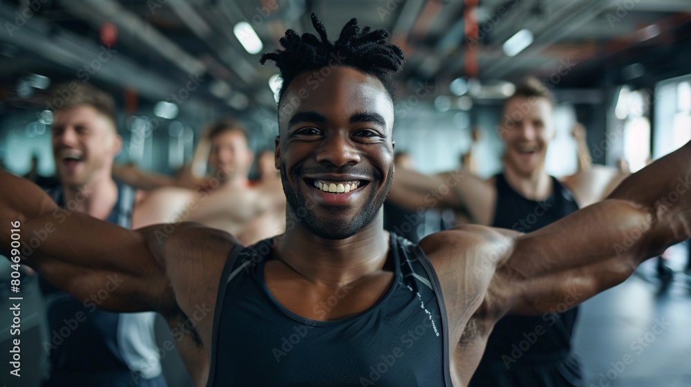 A group of men in fitness attire smiling and stretching their arms