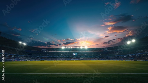 As the sunset casts a warm glow, the stadium's lights brighten up, ready for the evening sports events to begin photo