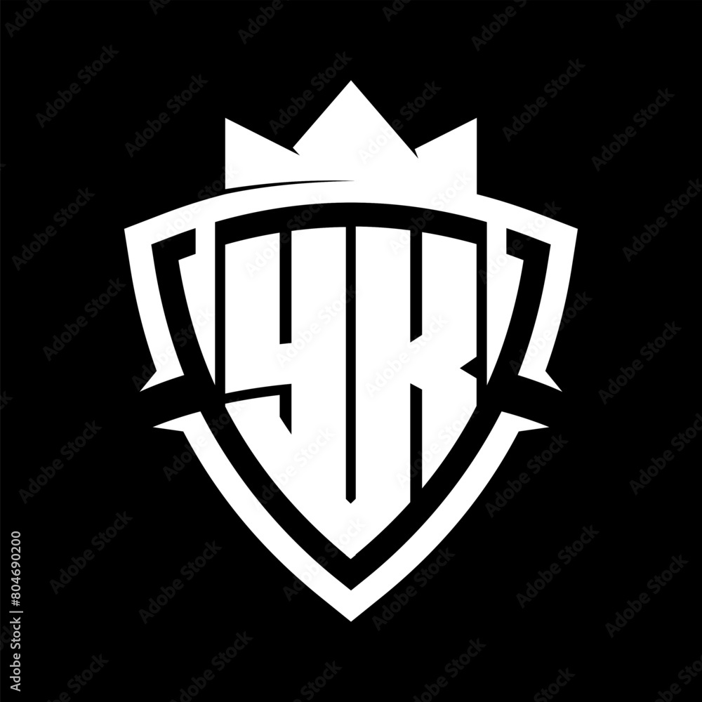 YK Letter monogram with triangle curve shield shape with crown white and black background color design YK Letter monogram with triangle curve shield shape with crown white and black background color design
