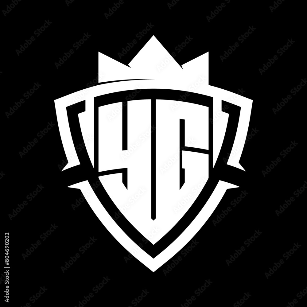 YG Letter monogram with triangle curve shield shape with crown white and black background color design YG Letter monogram with triangle curve shield shape with crown white and black background color design