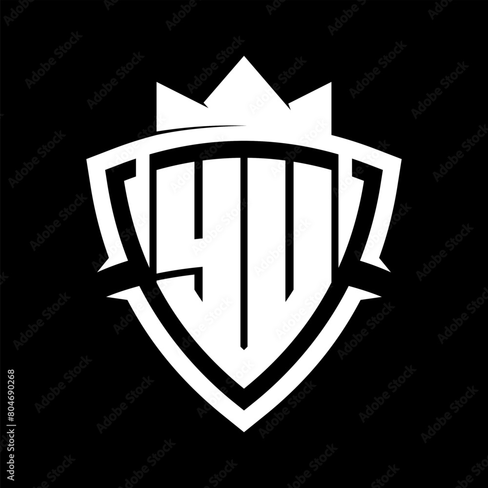 YU Letter monogram with triangle curve shield shape with crown white and black background color design YU Letter monogram with triangle curve shield shape with crown white and black background color design