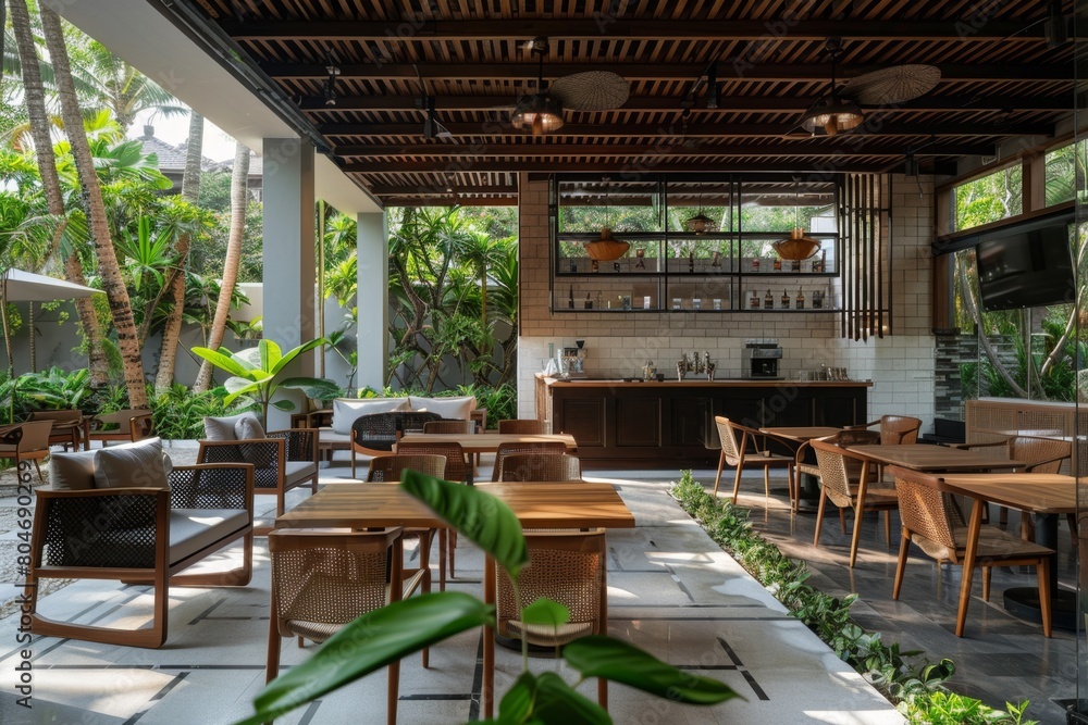 Fototapeta premium A modern and minimalist Balinese hotel lounge with an open kitchen, dining area, seating areas and outdoor terrace Generative AI