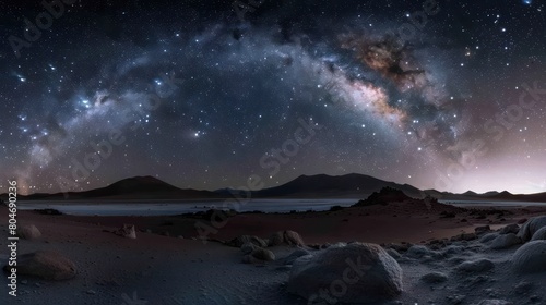 The starry arc of the Milky Way stretches over a serene desert landscape, contrasting the barren land with a lively sky
