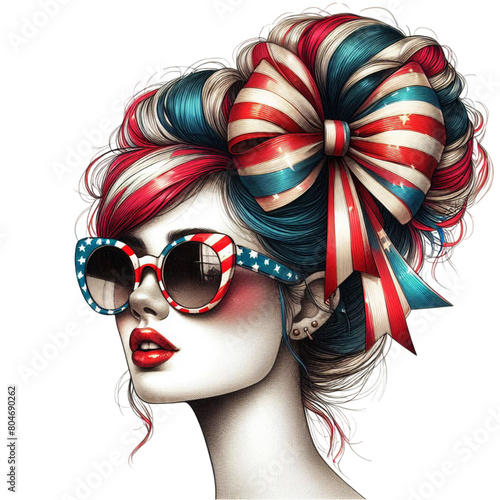 a woman with a highly stylized hairdo colored with the red, white, and blue stripes of the American flag