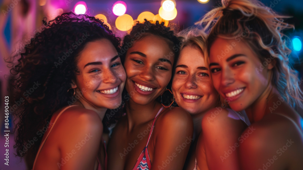 Portrait of happy girlfriends having fun at a party at night. Four friends spend time together, walk. Concept of walking, fun. Portrait of happy girlfriends having fun at a party at night. Four friends spend time together, walk. Concept of walking, fun.