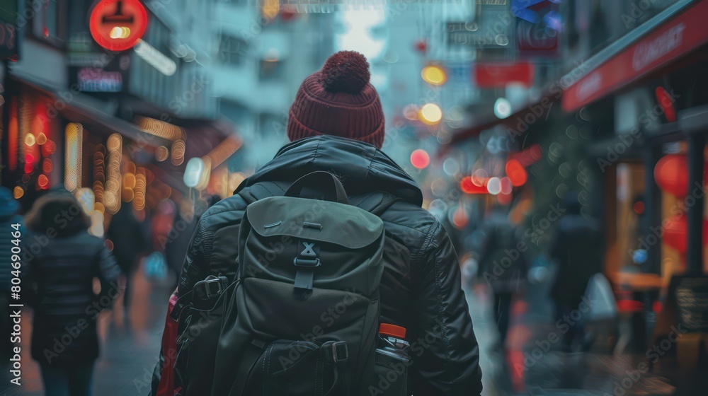 A person donned in winter gears walks down a lively city street, an undeniably urban life snapshot in sharp focus A person donned in winter gears walks down a lively city street, an undeniably urban life snapshot in sharp focus