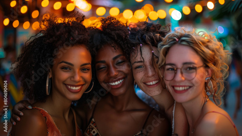 Portrait of happy girlfriends having fun at a party at night. Four friends spend time together, walk. Concept of walking, fun. photo