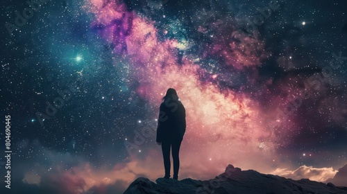 An image of a solitary human being dwarfed by the magnificent and colorful display of the night sky's galaxy photo
