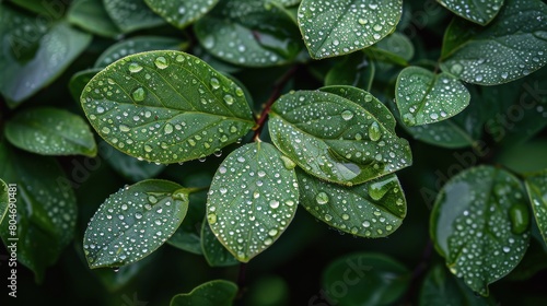 Green Leaves Covered in Water Drops