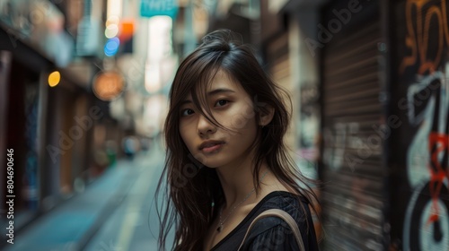 Young woman with flowing hair in an urban alley, exuding a sense of exploration and depth © Matthew