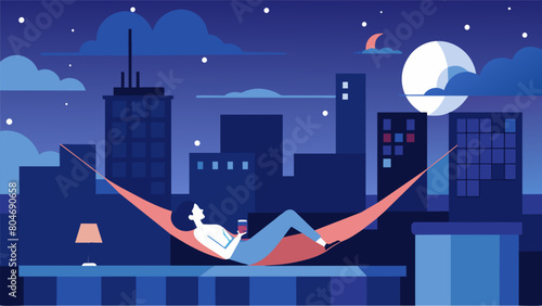 A quiet rooftop retreat where a person is lying in a hammock admiring the ling stars above and enjoying a peaceful break from the chaos of the city.
