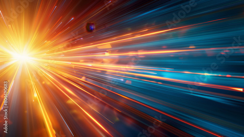 Abstract background with blue and orange light rays, speed motion effect. Shiny energy explosion or laser beam in space for futuristic design.