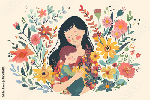 Whimsical illustration of a mother and child enveloped in a vibrant floral embrace.