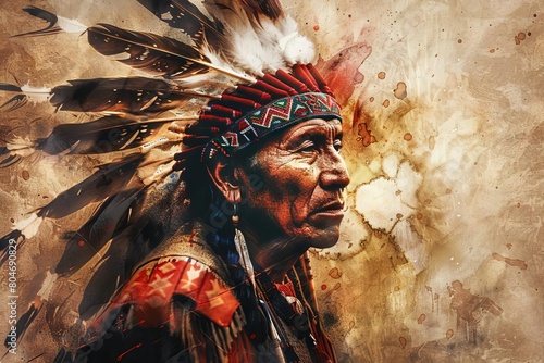 proud native american chief in traditional feather headdress cultural portrait painting