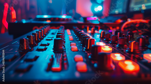 Close-up of a DJ's hands on a music control panel in a nightclub. Concept for parties, concerts.