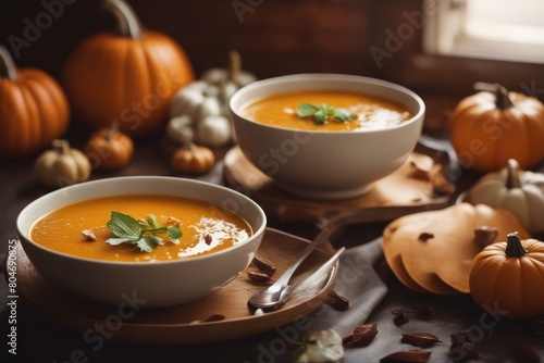 'bowl pumpkin soup autumn background cooked cream creamy cookery diet fall food fresh garlic epicure halloween healthy homemade lunch mashed orange pepper portion potage rustic season seed spicey' photo