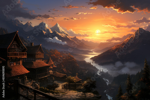 A quaint village nestled in the valley, with the sunset casting a warm glow over its rooftops, isolated on solid