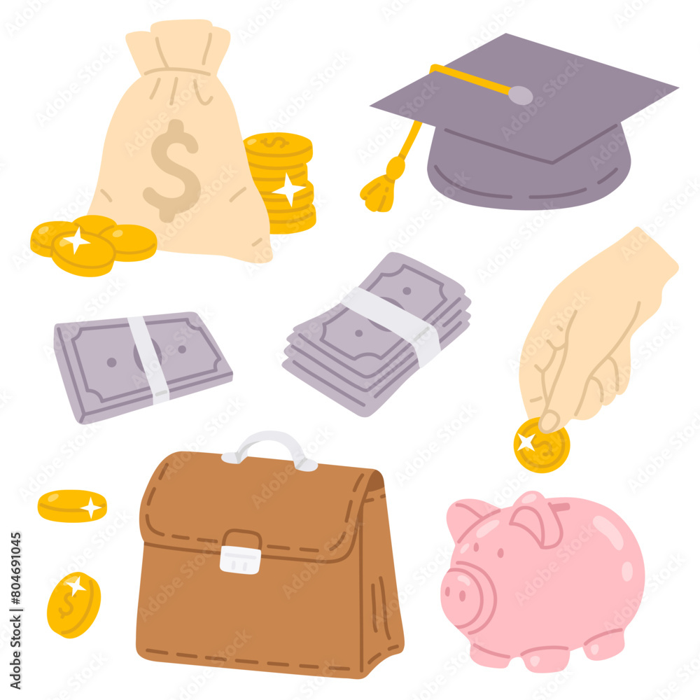 Fototapeta premium Vector illustration money education set for digital stamp,greeting card,sticker,icon, design