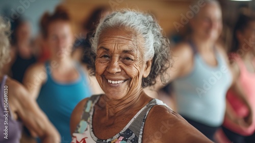 A group of old women smiling in dance class with one woman on front