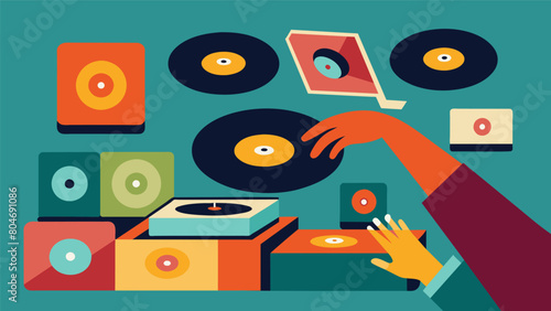 A vintageinspired animation of a hand flicking through records with each one morphing into a different shape or object. Vector illustration