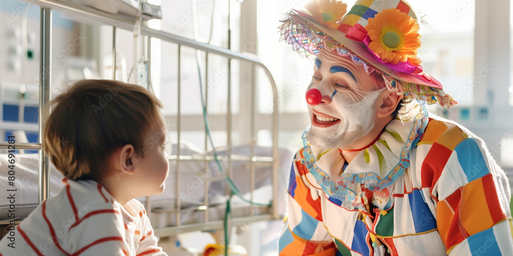 Young volunteer dressed as clown doctor visiting sick child in a hospital to help in lifting patients mood with the positive power of hope and humor. Young volunteer dressed as clown doctor visiting sick child in a hospital to help in lifting patients mood with the positive power of hope and humor.
