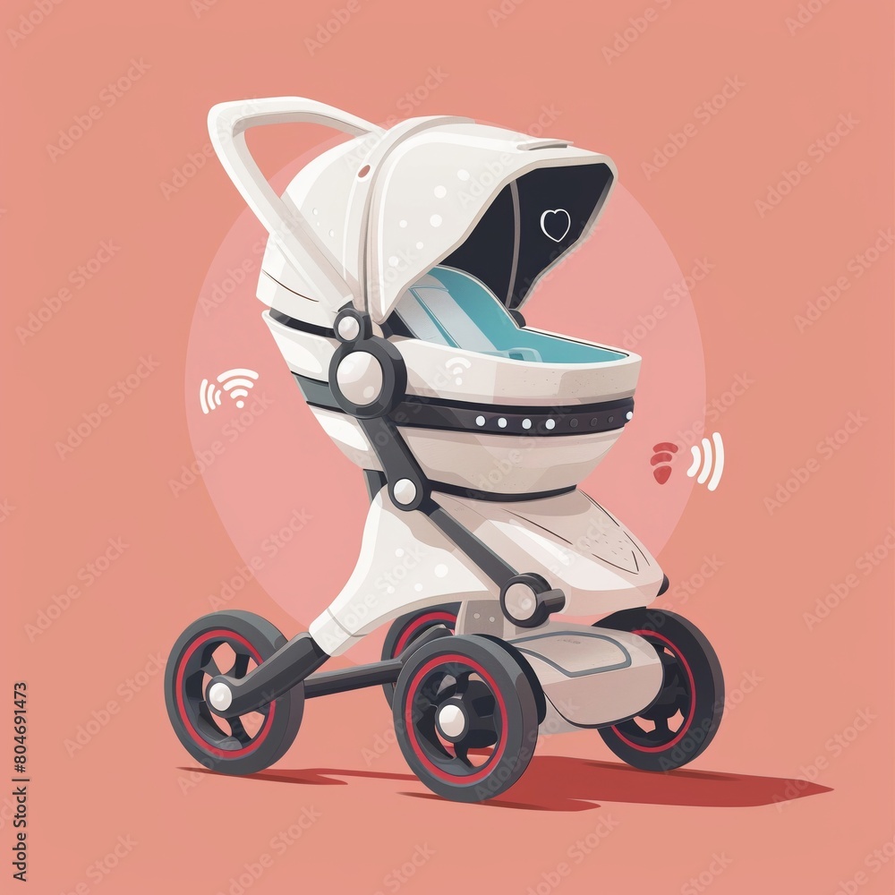 Vector illustration of a hightech baby stroller with IoT connectivity ...