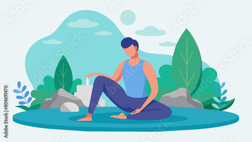 In a seated spinal twist you extend one leg out and hug the other knee to your chest letting go of any tension as you gaze out at the calming water. Vector illustration