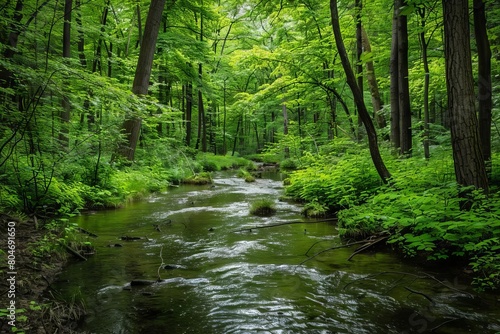 serene forest stream flowing through lush green woodland tranquil nature scenery landscape photography © furyon