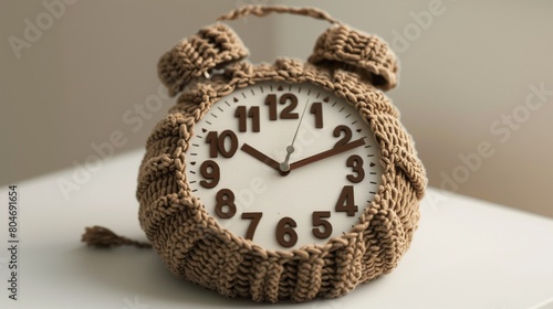 Knitted clock showcasing detailed craftsmanship on its face and hands, presented on white.