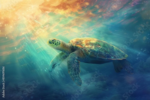 serene sea turtle gliding in sunlit ocean ethereal rainbow sky dreamlike underwater panorama digital painting