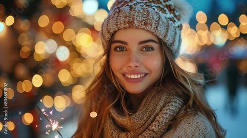 Woman in Winter Hat and Scarf Smiles at Camera