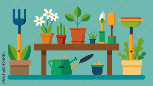 A table covered in various types of handheld gardening tools from trowels and weeders to dibbers and bulb planters.. Vector illustration