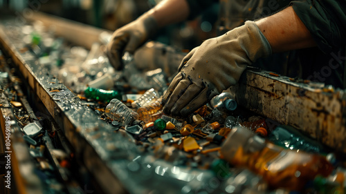 an employee's gloved hands are seen up close, meticulously sorting recyclables on a conveyor belt. Plastic bottles and glassware of different sizes smoothly glide past photo