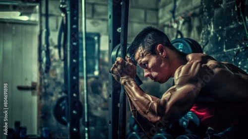 A powerful image capturing a determined man's facial expression while lifting heavy weights at his gym workout
