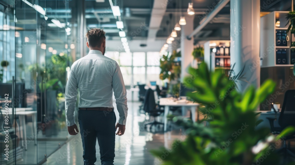 Rear view of a businessman standing in an office workspace with a blurred background Rear view of a businessman standing in an office workspace with a blurred background