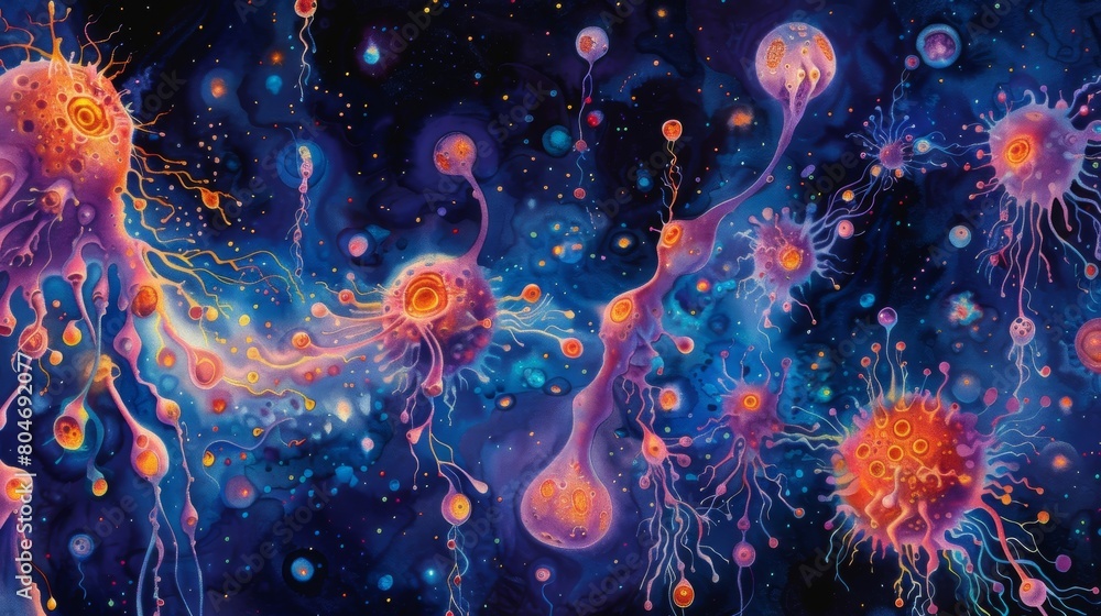 The image is an abstract painting of a group of jellyfish-like creatures swimming through a sea of stars The image is an abstract painting of a group of jellyfish-like creatures swimming through a sea of stars