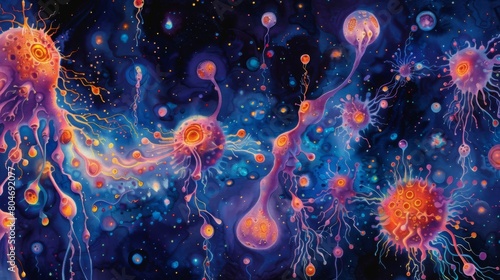 The image is an abstract painting of a group of jellyfish-like creatures swimming through a sea of stars photo