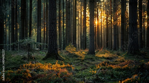 A magical view of sun rays filtering through the dense forest  illuminating the undergrowth