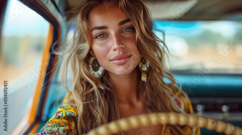 Woman in Car Wearing Sunglasses and Smiling