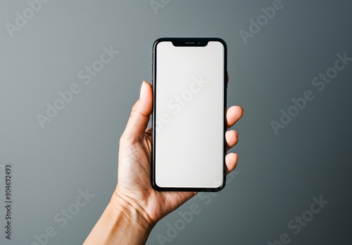 A hand holding a smartphone with a blank white screen isolated on a clear background