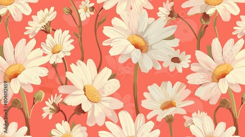 A delightful Floral Spring pattern featuring Daisy Marguerite flowers against a vibrant light pink backdrop embodying a subtle nod to spring and International Women s Day