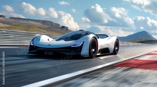 An electric sports car prototype on a test track with motion blur