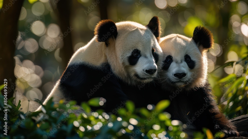 Obraz premium A heartwarming scene captures two pandas leaning on one another, symbolizing friendship and support in the wild